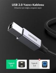 UGREEN 80804 USB-A to USB-B 2.0 Örgülü Yazıcı Kablosu 3metre