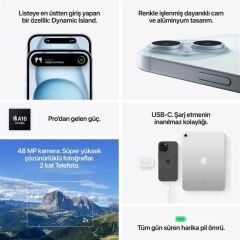 APPLE iPhone 15 128GB Mavi Cep Telefonu MTP43TU/A (Apple TÜRKİYE Garantili)