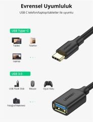 UGREEN 30701 USB-C to USB 3.0 OTG Dönüştürücü Adaptör 5GB/s Hızlı Veri Aktarımı 0.15metre Siyah